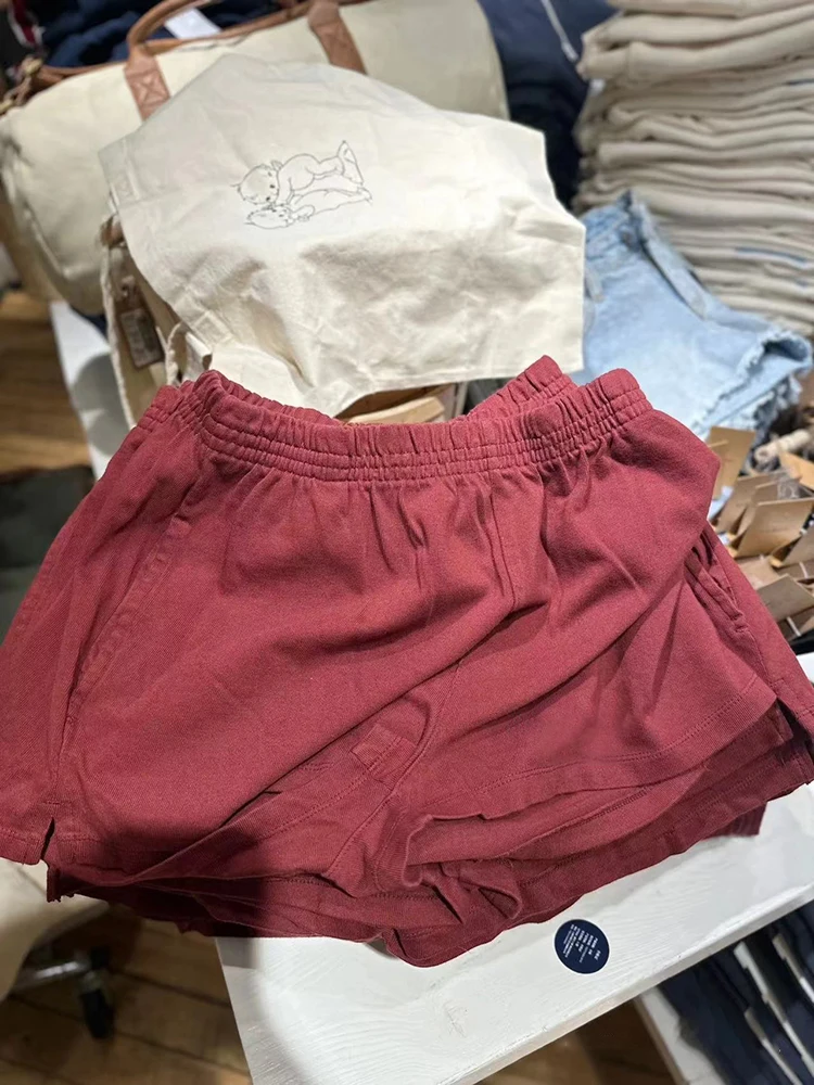 กางเกงสเวตเตอร์ขาสั้นตรงเอวสูงสำหรับผู้หญิงผ้าคอตตอนยืดทรงหลวมสไตล์สตรีทแวร์สีล้วนแบบลำลองสำหรับ Y2k