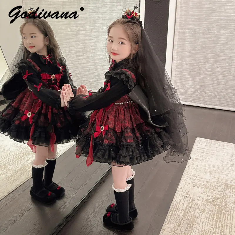 Baby Girls Halloween Black Rose Lolita Princess Dress 2026 Autumn Little Girl Tulle Lace Trim Vampire Birthday Party Sundress