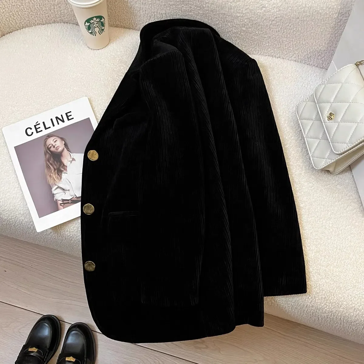 Corduroy Suit Collar Solid Color Short Coat Women New Autumn Long Sleeve Pocket Literary and Retro Casual Coat Top