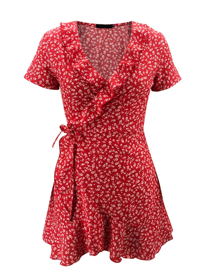 Vestido de Verano para Mujer Corte A-Line Elegante con Flores y Volantes, Escote en V, Corto y Chic 4