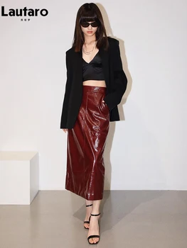 Lautaro Spring Autumn Shiny Reflective Patent Pu Leather Midi Pencil Skirt Women High Waist Long Luxury Designer Clothes 2023