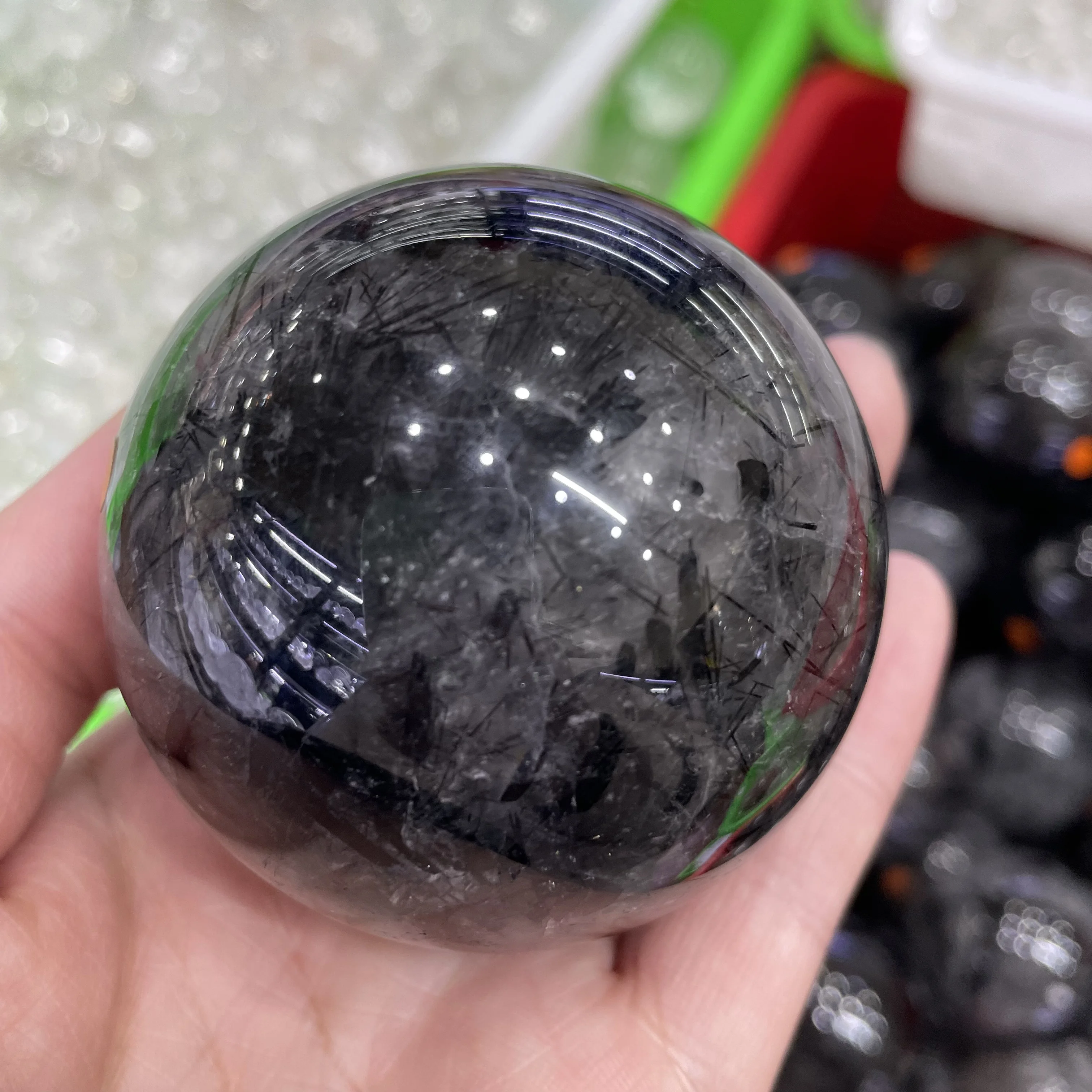 2026 Top Quality Natural Black Tourmaline Hair Quartz Rutilated Crystal Ball Protecting Stone Spheres Collection Decoration