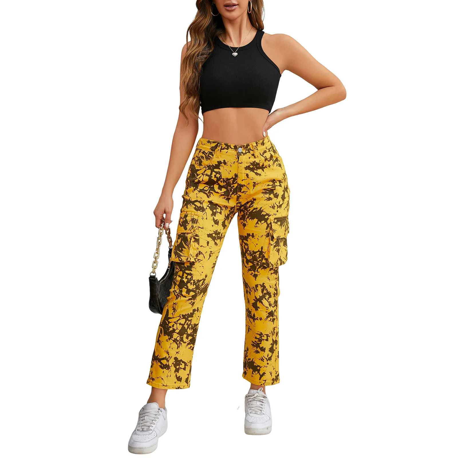 Graphic Printed Y2K Cargo Pants For Women Side Pockets Slim Fit Casual Trousers