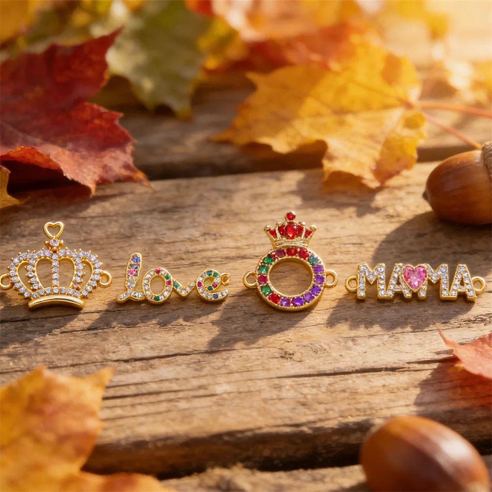 2Pcs Link Connectors Brass Colorful Zircon DIY Jewelry Accessories Heart Crown Love Letter MAMA Charms Necklace Bracelet Making