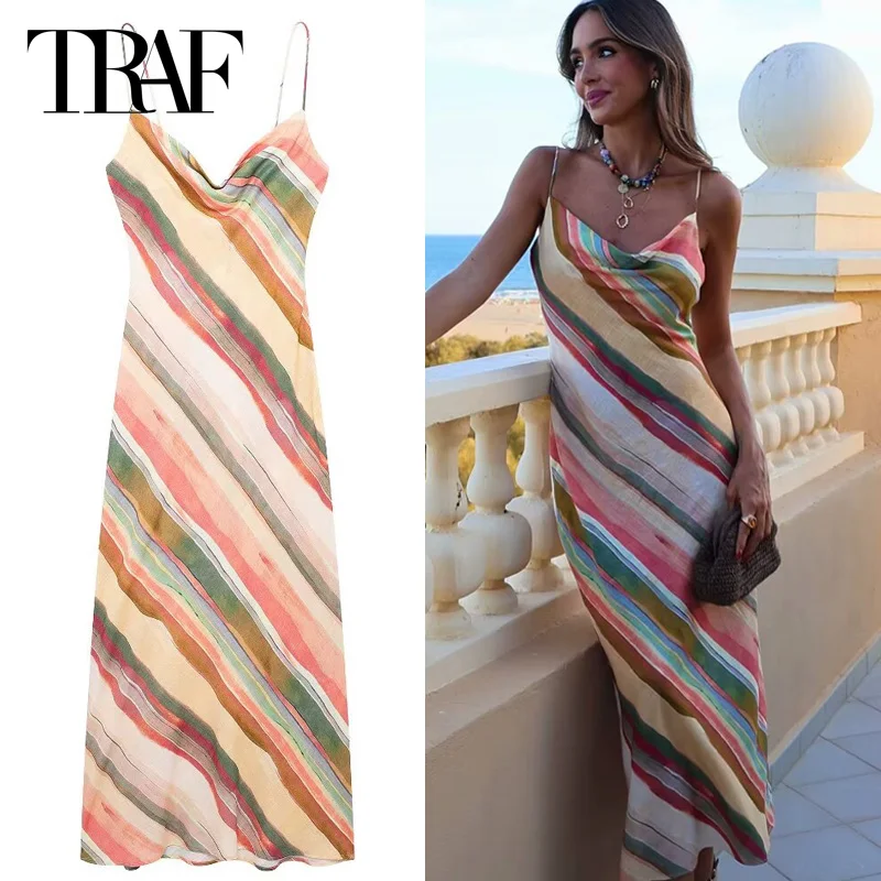 TRAF Women Striped Midi Dress 2024 Print Long Dresses Sleeveless Slip Dress Summer Backless Party Dresses Beach Holiday Dresses