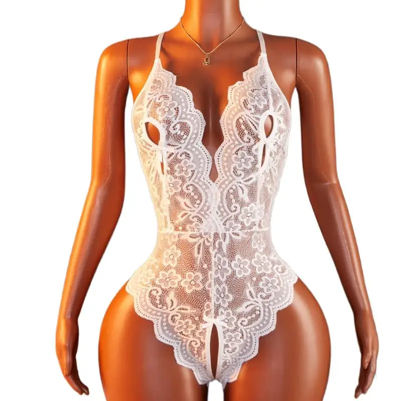 

Transparent Crotchless Sexy Lingerie Lace Bra Set Teddy Baby Doll Dress Deep V Open Bra Porno Women Underwear Erotic Costumes