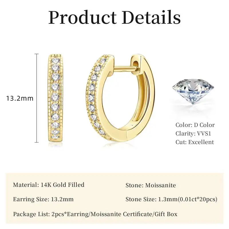 Lnngy Sparkling GRA Certificated Natural Moissanite Hoop Earrings For Women 14K Gold Filled Huggies Earring Wedding Jewelry - view 2