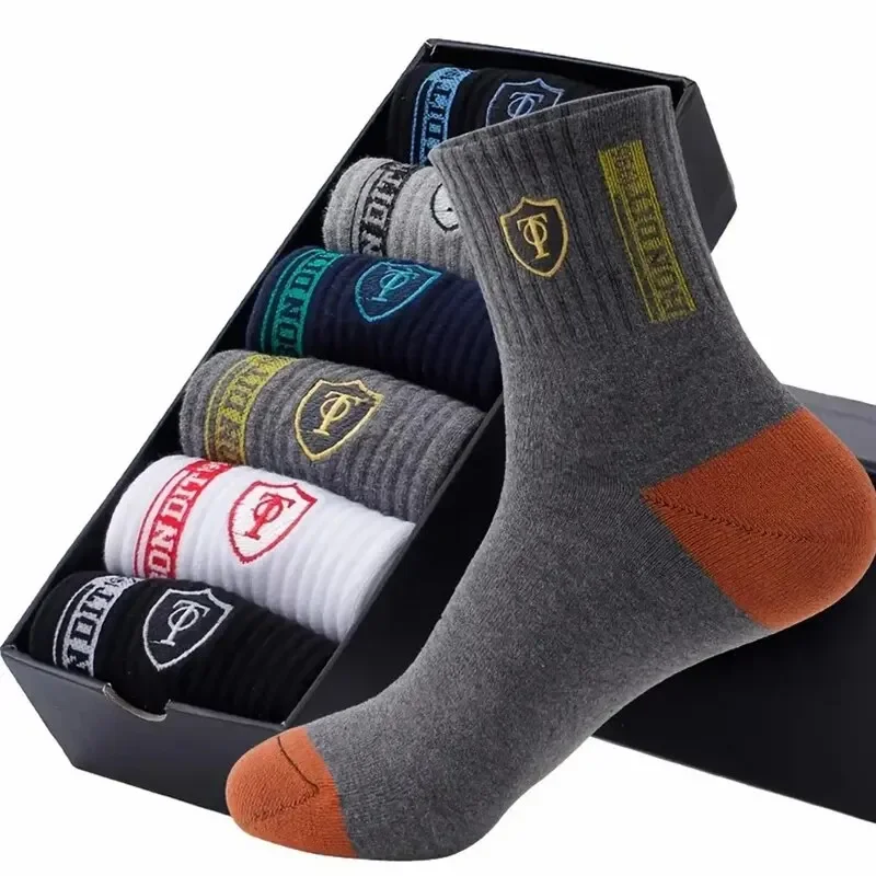 6pairs Men\'s Cotton Sweat Absorbing Embroidered Crest Athletic Socks, Ankle Socks