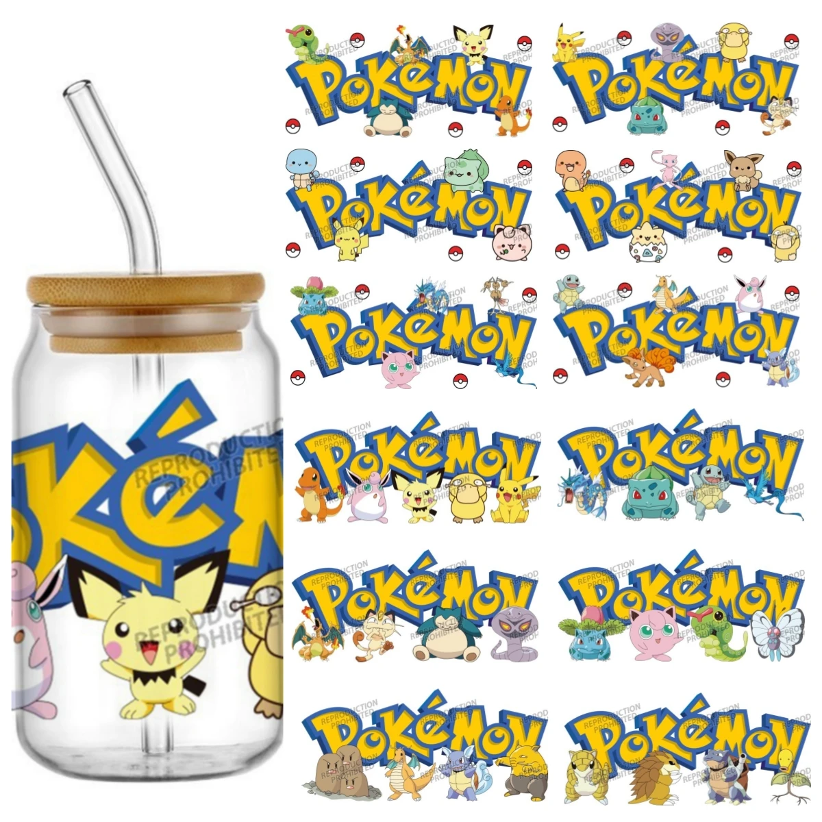 

Miniso Pikachu Series UV DTF Cup Wrap For 16oz Libbey Coffee Glass Pokemon Image 3D Sticker Psyduck Cup Wrap