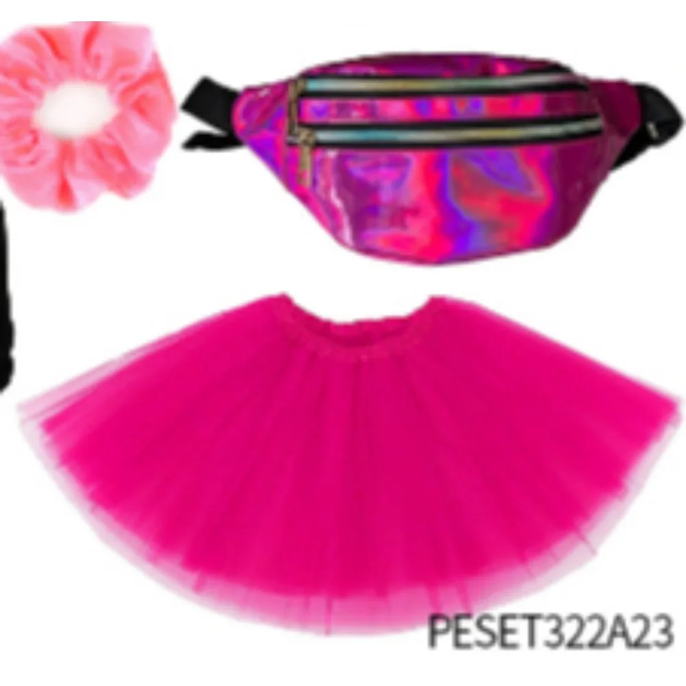 80\'s Head Button Glasses Earrings Bracelet Velvet Sash Gloves Kneepad Fanny Pack T-Shirt Skirt Bead Chain 11 Piece Set