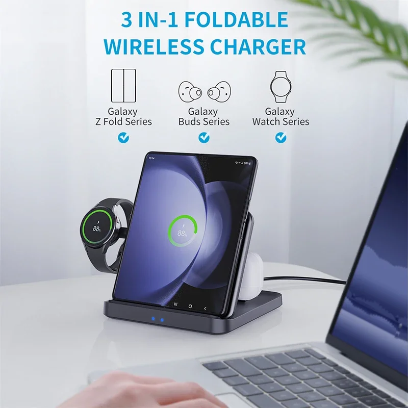 3 In 1 Wireless Charger Foldable Fast Charging Station for Samsung Galaxy S23 S22 21 20 Flip 5 4 Z Fold Watch6 5 4 Active Buds 2