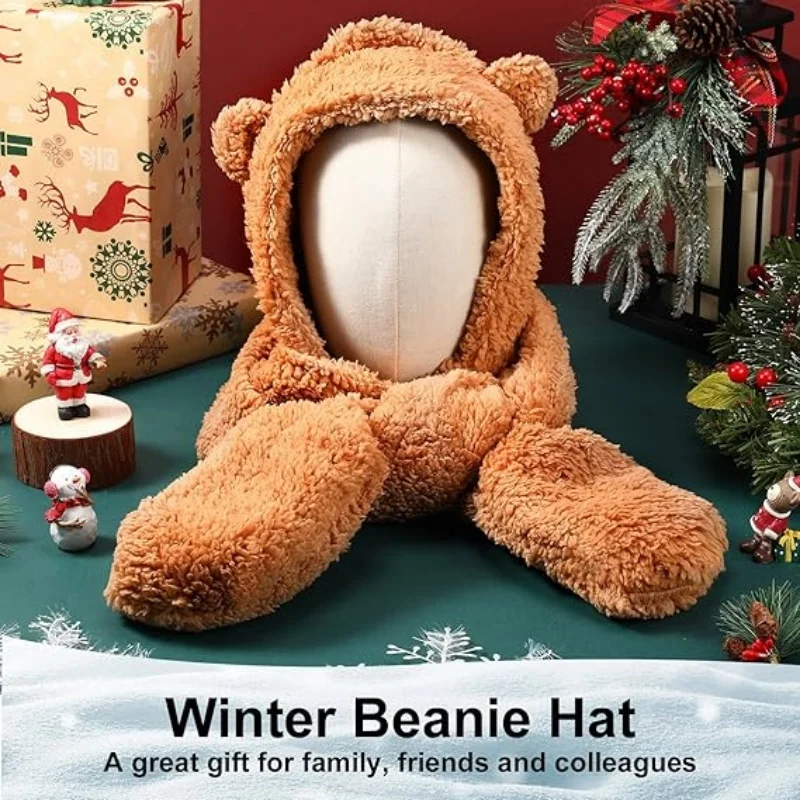 SIMPLEJEWEL™ Women Cute Bear Hoodie Hat Scarf Gloves Set 3-in-1 Earflap Fleece Hat Plush Warm Winter Hat image 6