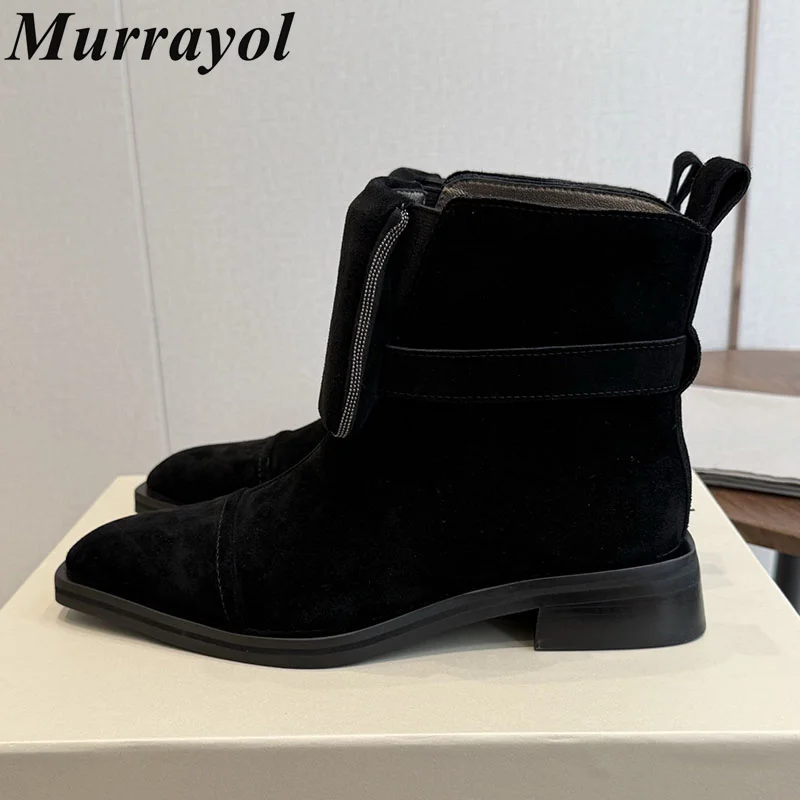 Ankle Botas Mujer String Bead Pocket Decor Pointed Flat Thick Bottom Riding Boots Women Autumn Winter Cow Suede Short Boots