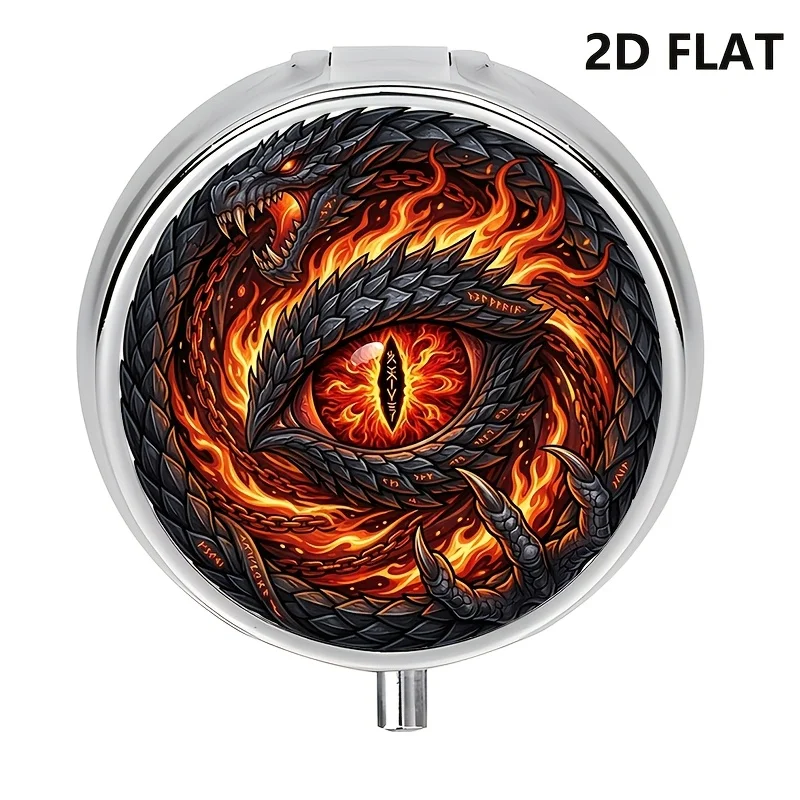Single-piece, flat, round three-compartment pill box, featuring a dreamy circular design with a longan flame pattern, vitamin storage box, colorful, suitable for exquisite gifts, made of durable metal and plastic
