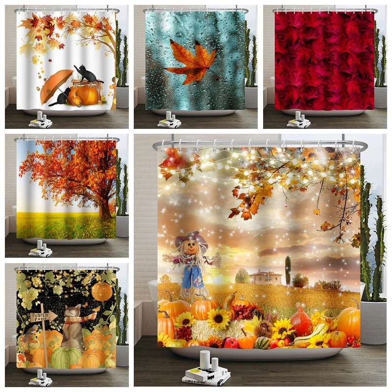 

Autumn Forest Shower Curtain for Bathroom Maple Leaves Trees Nature Scenery Bath Curtains Waterproof Bathtub Screen with Hooks