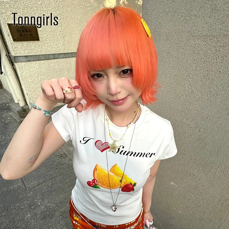 Tonngirls Vintage Print Fruit T-shirt Short Sleeve Slim White Graphic Tops Y2k Japanese 2000s Crop Tops Summer Tee Tops E-girls
