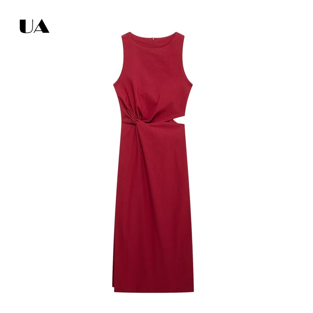

ULBYANRY Classic Straight Sleeveless Cutout Midi Dress, Solid Gathered Scoop Neck Long Dresses for Women, Simple Slit Dress