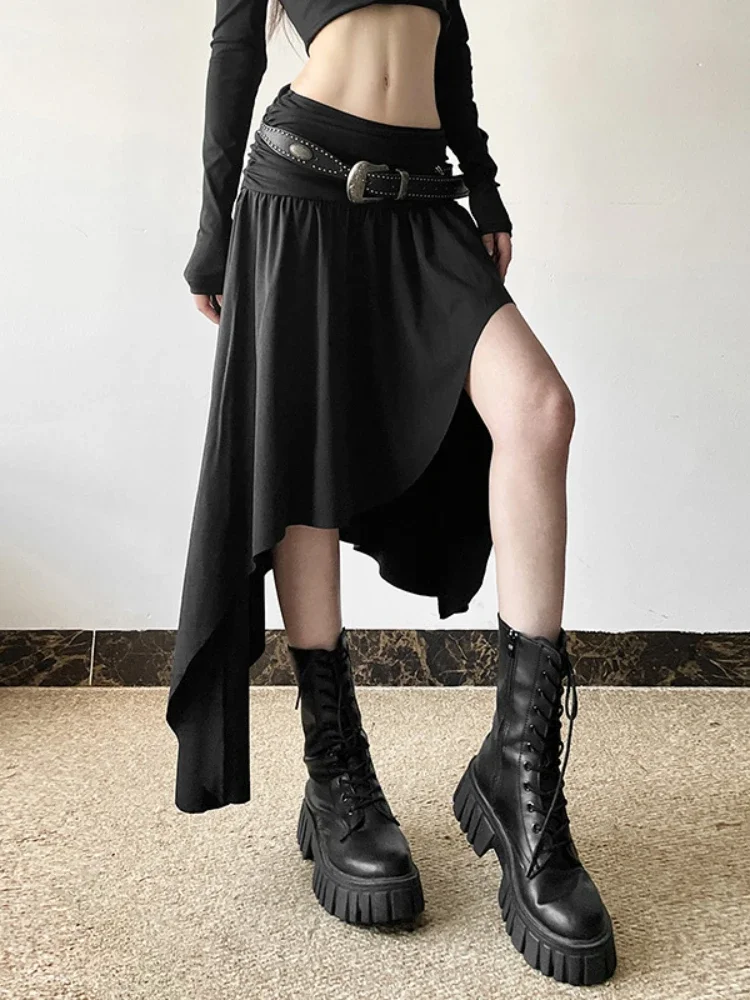 AltGoth Emo Alt Gothicกระโปรงผู้หญิงHarajuku Streetwear Y2kสูงเอวไม่สม่ําเสมอHemกระโปรงVINTAGE Mall Gothic Cyber Punkกระโปรง