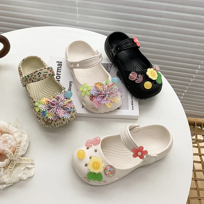 

Children Outdoor Slippers Summer Floral Print Slip on Girls Flat Sandals Cute Colorful Beach Non-slip Breathable Kids Slippers