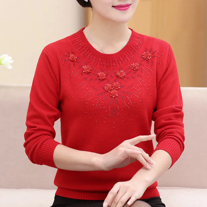 Spring Autumn Women Fashion 3D Flower Rhinestone Elegant Knitted Sweaters Ladies O Neck Long Sleeve Pullover Tops Loose Jumpers