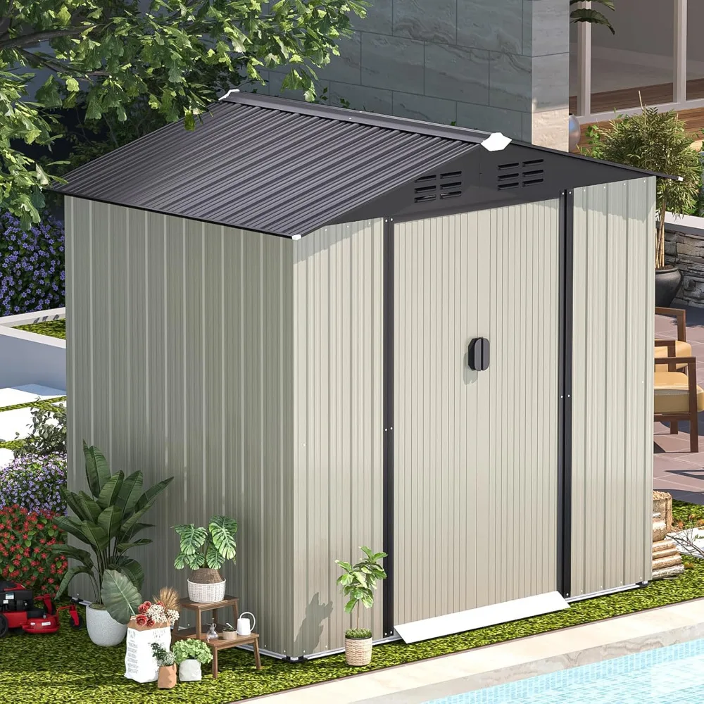 Shed -6 x 4 Ft Shed, Small Outdoor Storage Tool  (Sliding Door), Metal Garden Shed for Yard, Outdoor Storage Clearance in Grey