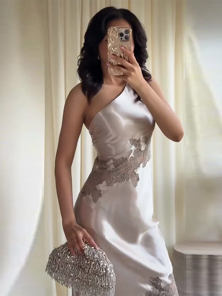 Satin One-Shoulder Lace Trim Maxi Dress Bodycon Bias Cut 2026 Summer Fashion Elegant Women Feminine Party Formal Evening Grown