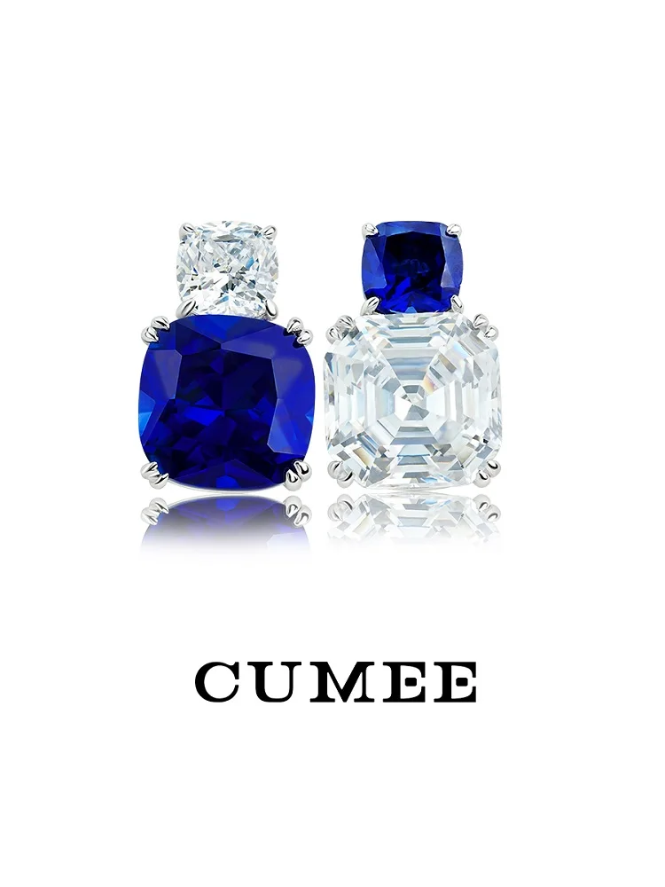 CUMEE  Sapphire Stud Earrings for Women Girls White Gold Plated Solid S925 Sterling Silver Earrings blue Gemstone Birthstone