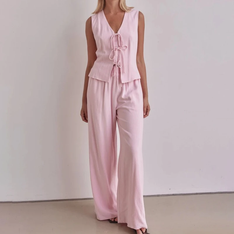 TARUXY Fashion Lace Up Hosen Sets frauen Ärmellose Weste Top Solide Lose Hosen Set Herbst Neue Dame Elegante Pendler Outfits