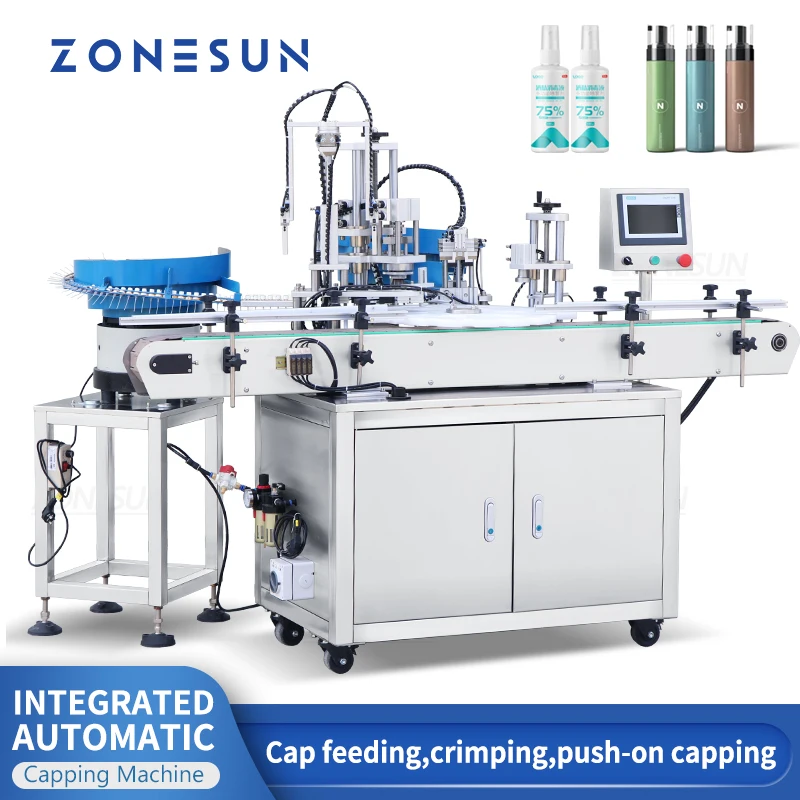 ZONESUN Capping Machine Automatic Spray Head & Bottle Cap Pressing Perfume Round Bottle Packaging with 2 Vibratory Bowl ZS-AFC8