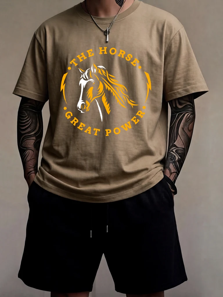 The Horses Great Power Design Basics O-Neck Male Streetwear Suits Casual Summer Tees & Shorts Cotton Soft Running Short Sleeve