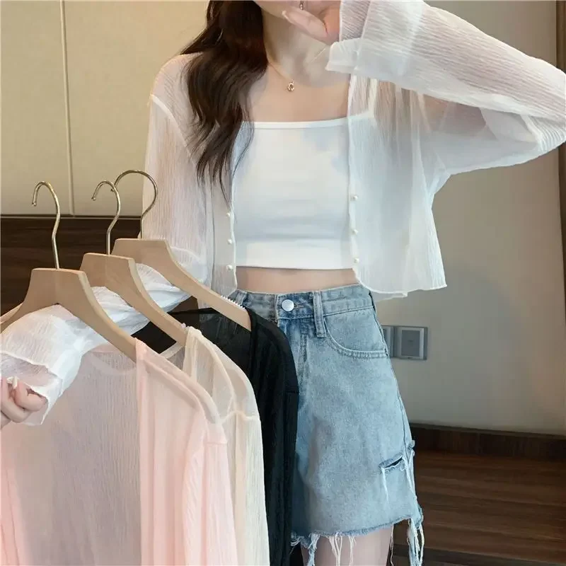 4 ألوان الكورية نمط رقيقة سترات صيفية المرأة شير الشمس واقية سيدة عادية سليم الخامس الرقبة لينة المحاصيل الحلو فتاة بسيطة تنفس