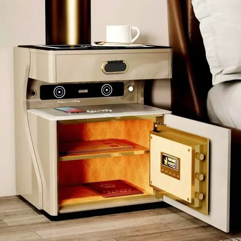 2026 Modern Luxury Smart Bedside Table With LED Lights Wireless Charging, Safe Bluetooth Speaker Bedroom Wooden Storage Furnitur