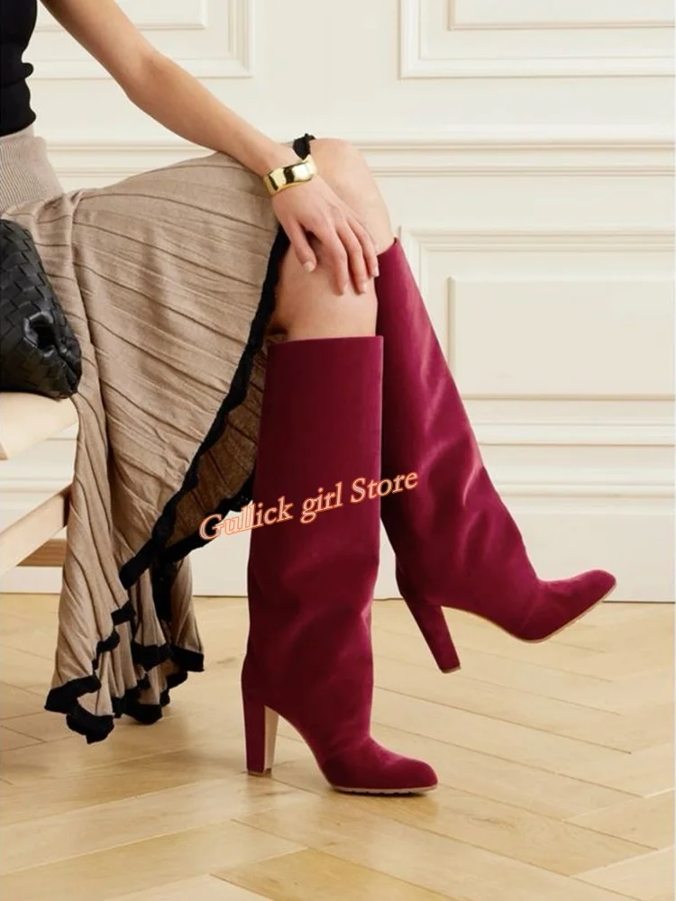 

Burgundy Velvet Knee High Boots Block High Heel Runway 2025 Winter Autumn Orange Brown Slip On Fashion Dress Shoes Handmade