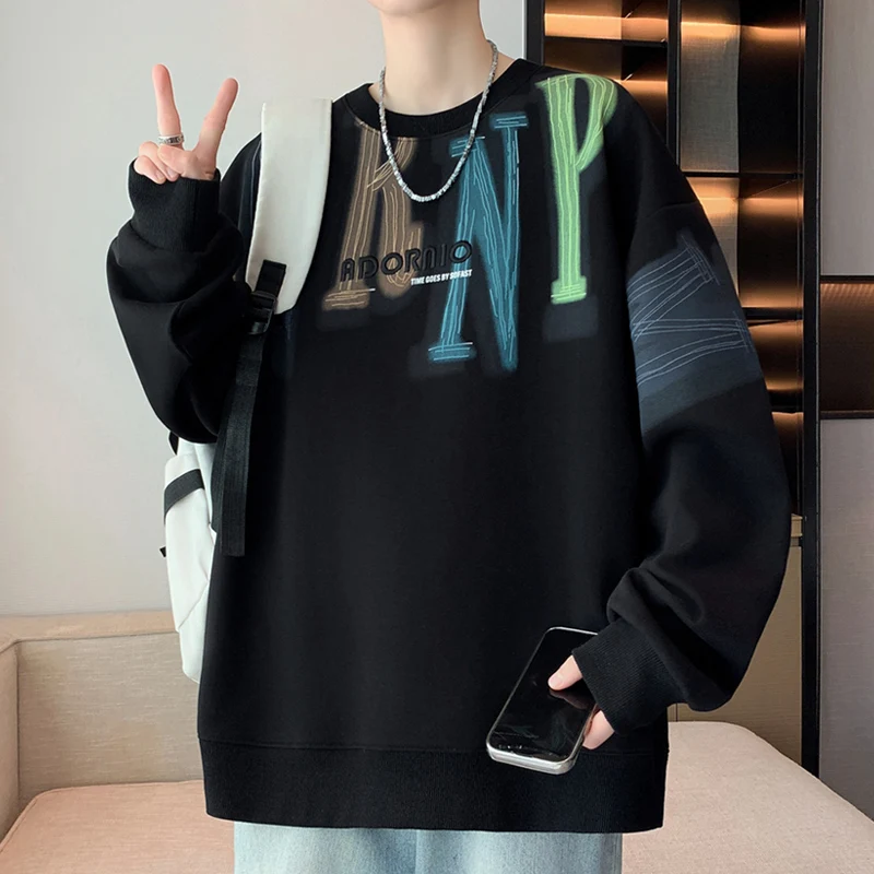 

Men's O Neck Loose Fitting Pullover Contrasting Colors Graffiti Letter Sweatshirt Casual Fashion Autumn Elegant Commuting Top