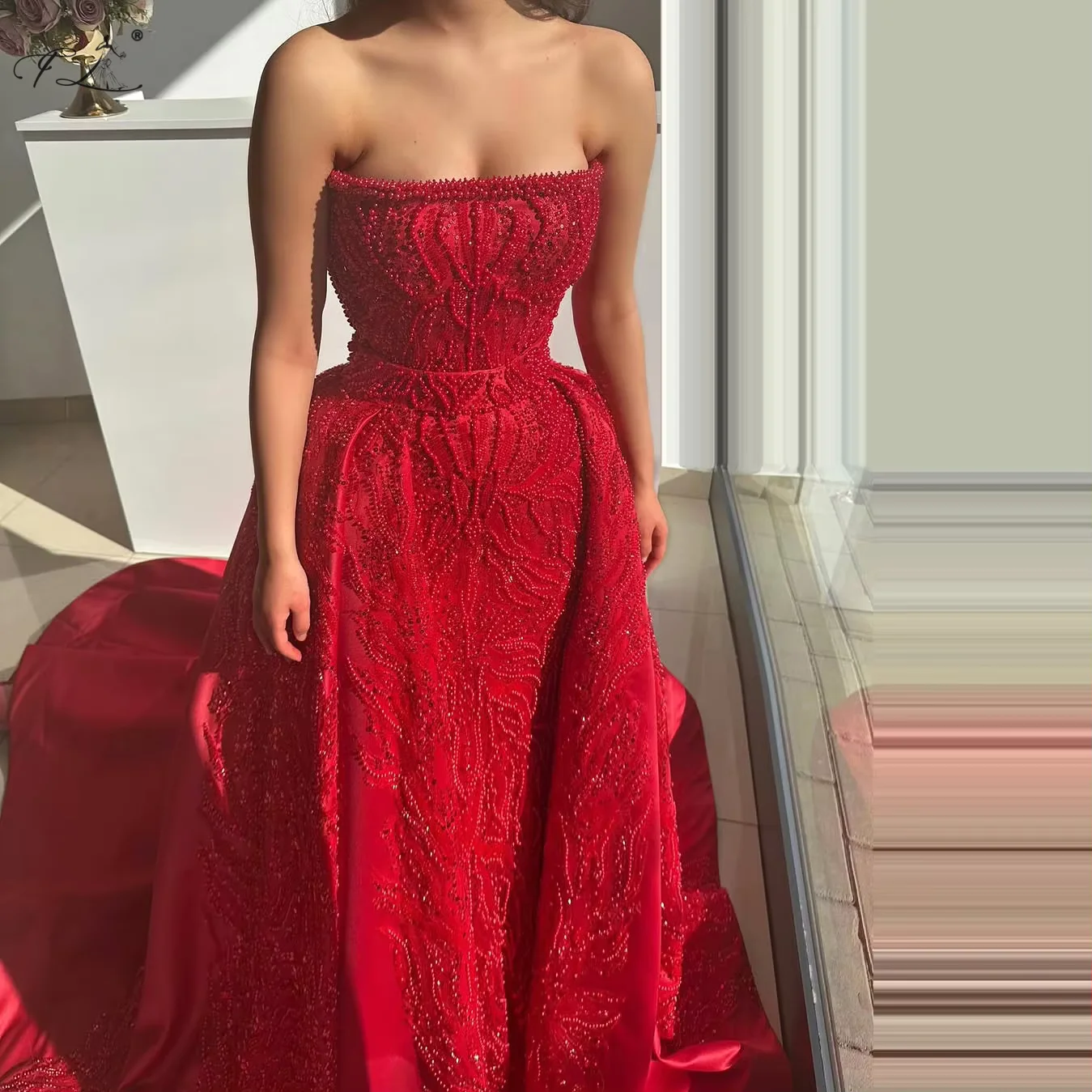 

Gala Dresses Beaded Evening Gown Strapless Train Formal Evening Dress Elegant Women Dress Customizable