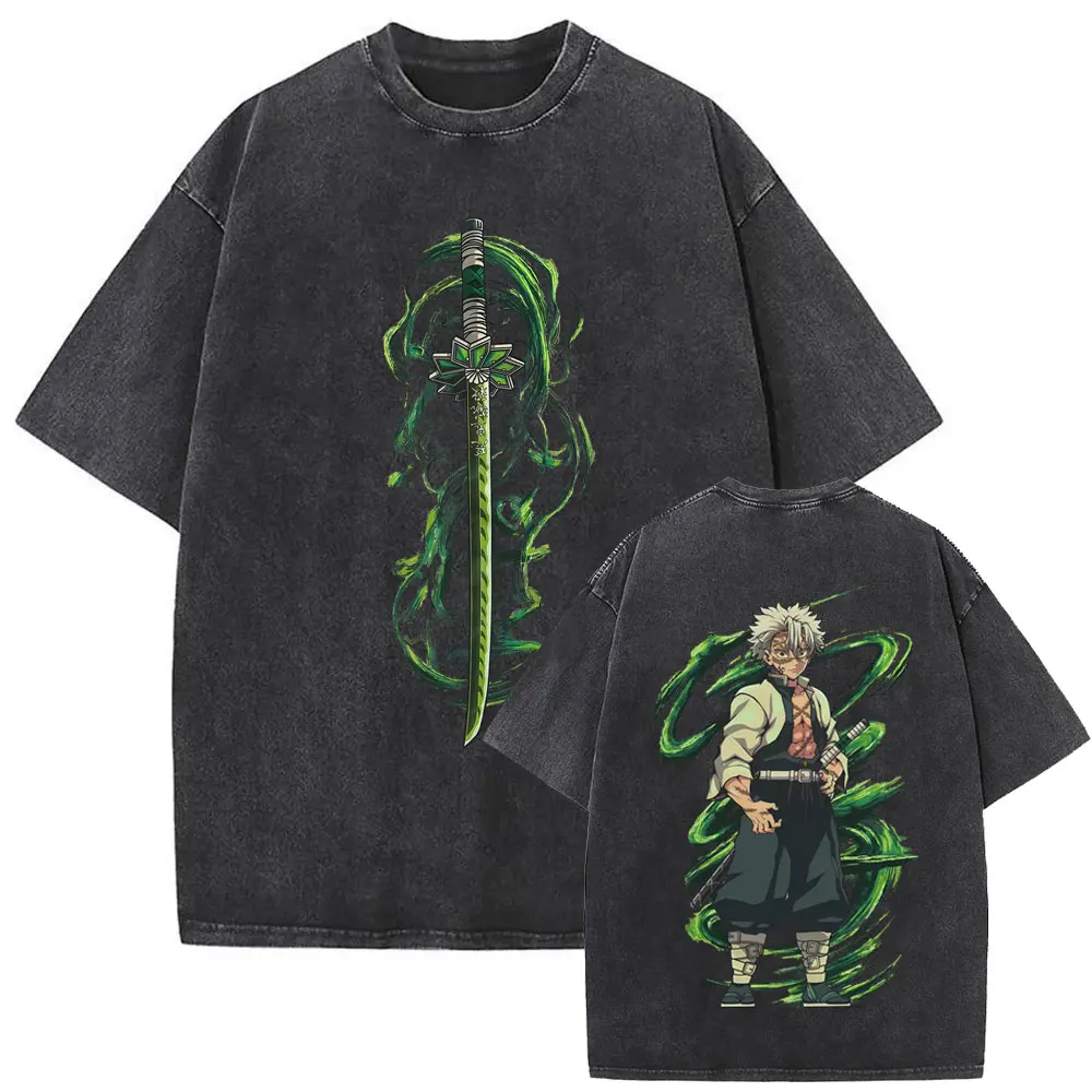 

Anime Demon Slayer Wind Hashira Shinazugawa Sanemi Washed Vintage T-shirt Men Women Cartoon Casual Crewneck Short Sleeve T Shirt