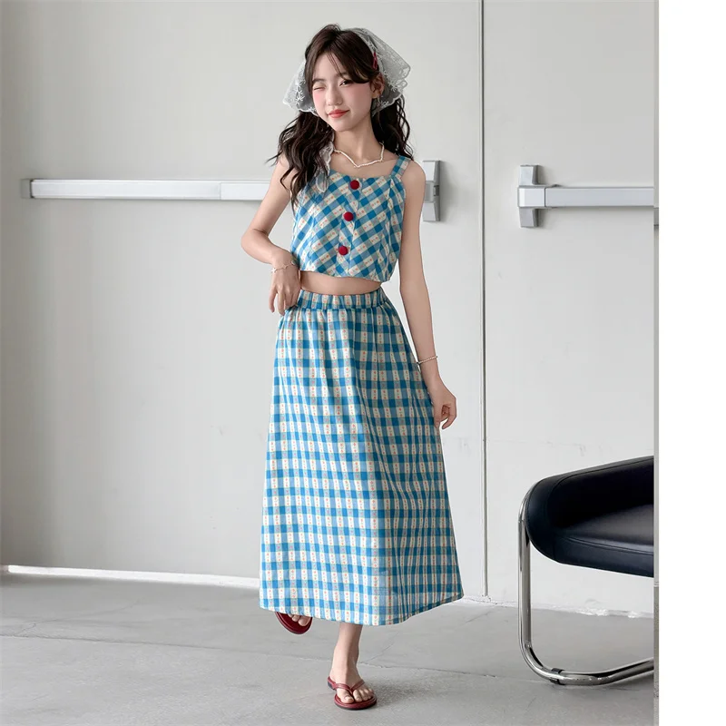 

Summer Teenage Girls Clothing Sets Sleeveless Vest + Skirt Blue Plaid Two-Pieces Suits New Korean Style Sweet Children‘s Outfits