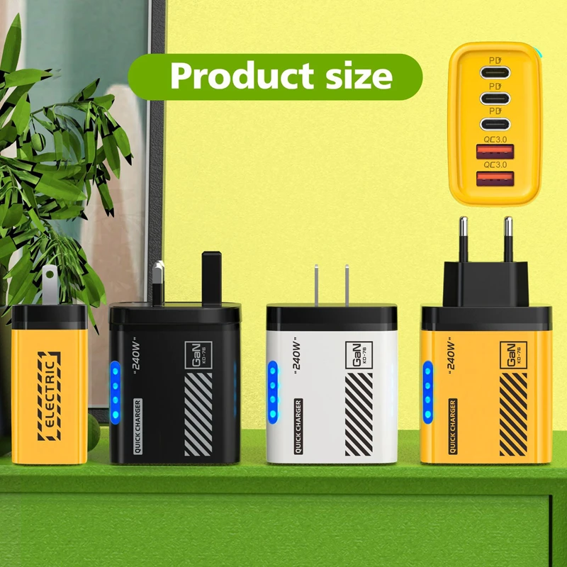 

Multi Port Charger Dual USB+3PD Type C 240W Fast Charging With Light Phone Gan Charging Head For Iphone 16 15pro Adapter