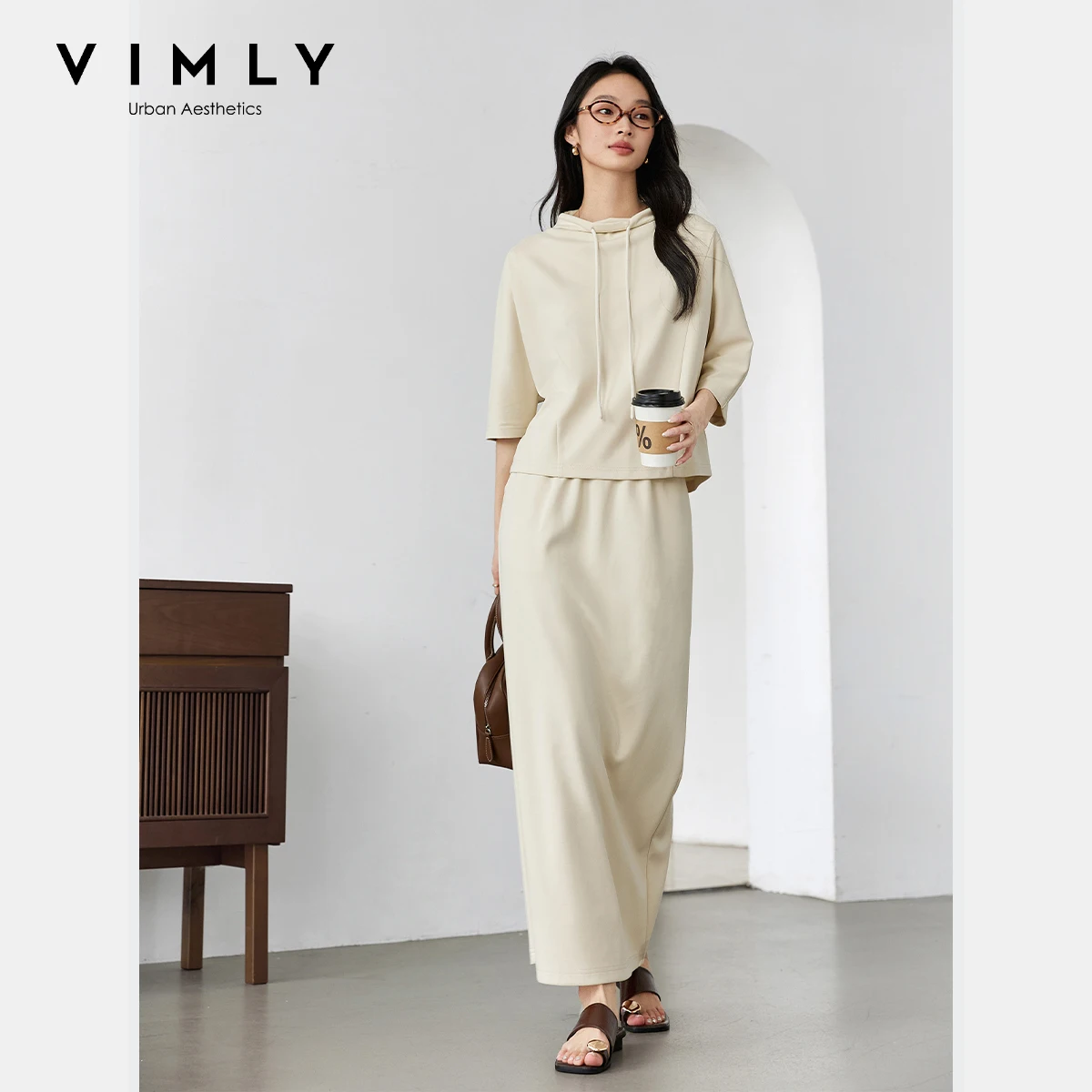 

VIMLY Fashion Women's Skirt Sets 2 Piece Outfits Woman 2025 Spring Autumn Drawstring Top and Maxi Skirt Female Clothing A0231