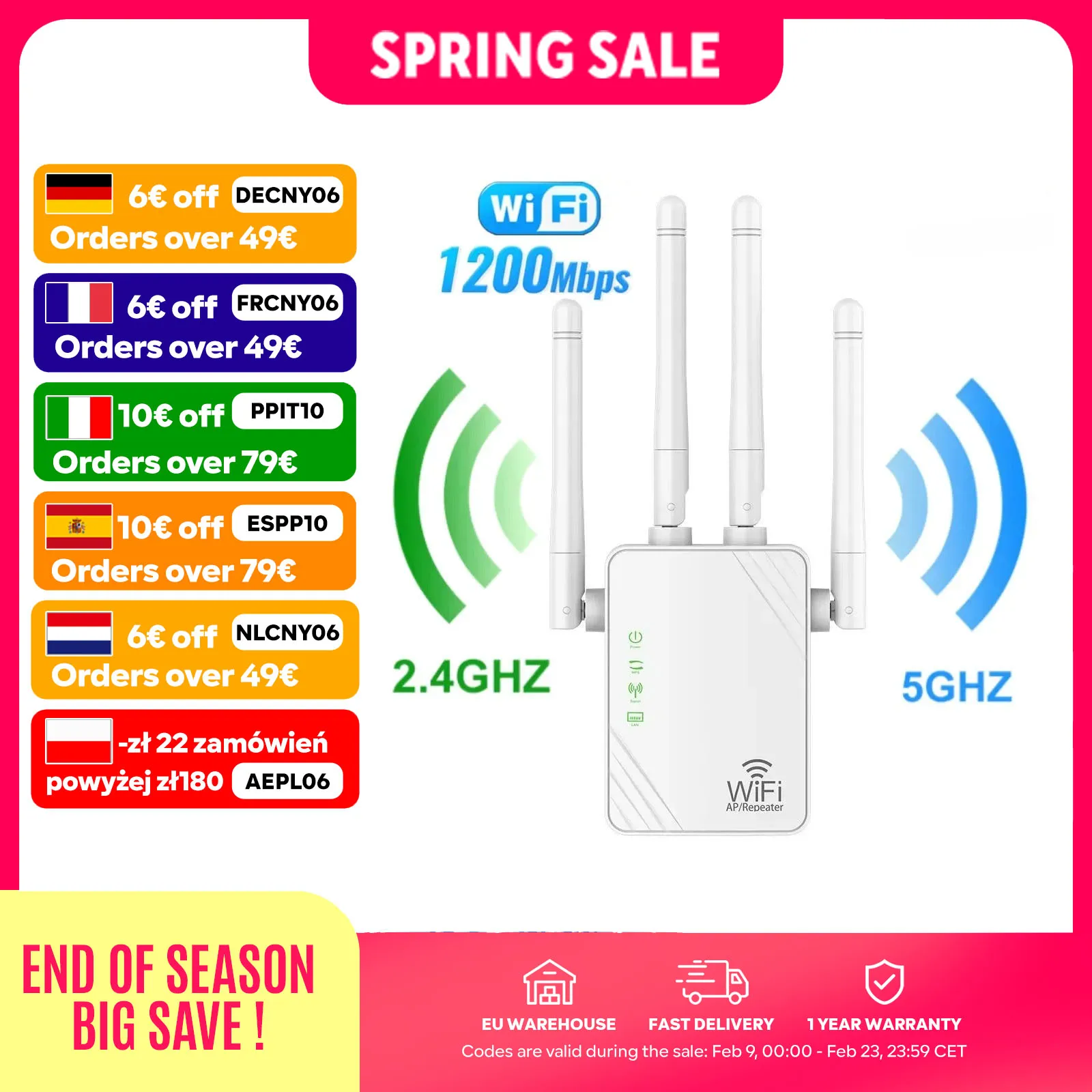 Nuevo Repetidor WiFi de 1200Mbps, Extensor WiFi de Doble Banda de 5GHz, Amplificador de Señal de Largo Alcance, Amplificador de Red Inalámbrica