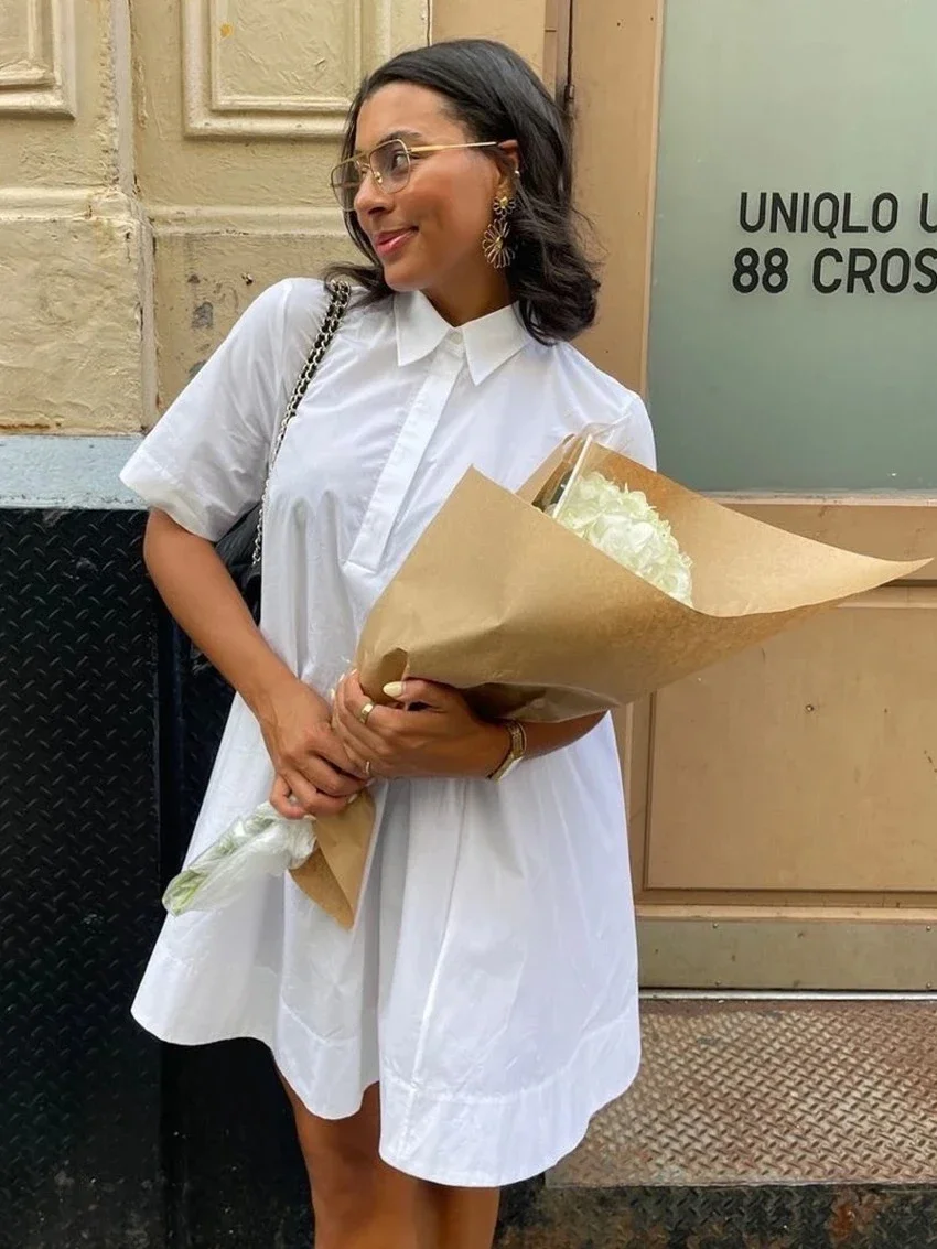 Abito estivo da donna in cotone bianco allentato Mini abiti casual a maniche corte con risvolto Elegante abito femminile classico solido