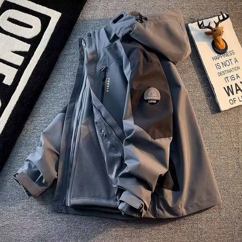 سترة جديدة للأماكن الخارجية ثقيلة الوزن لعام 2025، سترة بقلنسوة سميكة من الصوف للشتاء ثلاثة في واحد قابلة للفصل للرجال، سترة تسلق الجبال