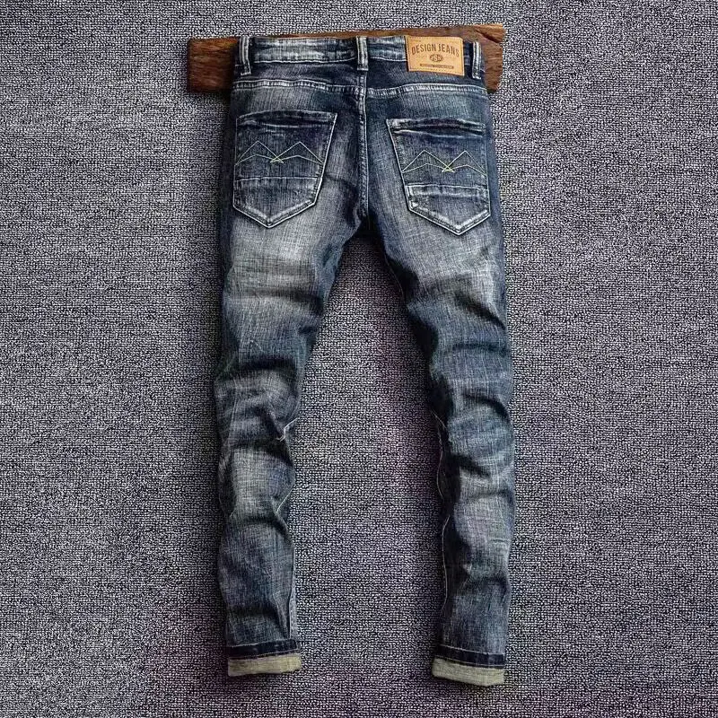 Fashion Streetwear Men Jeans High Quality Retro Black Blue Stretch Slim Fit Ripped Jeans Men Vintage Designer Denim Pants Hombre