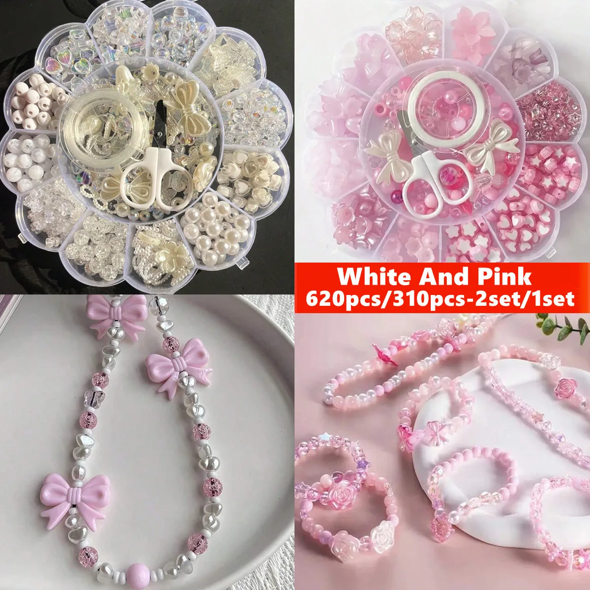 2 Sets/1 Set de Cuentas Sueltas Acrílicas en Caja con 13 Compartimentos, Serie de Flores Rosas y Blancas, para Manualidades DIY y Creación de Collares