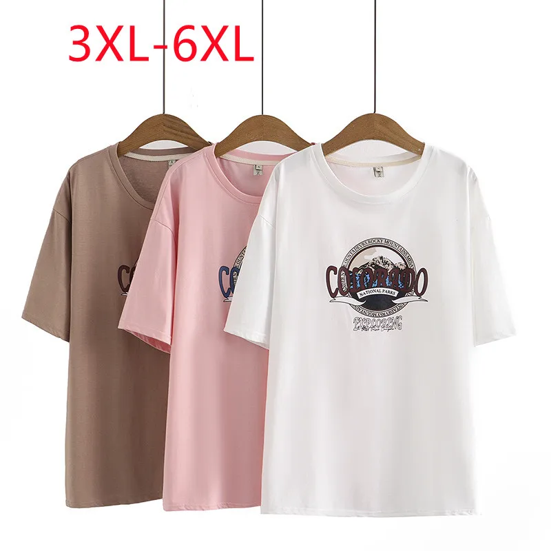 

New 2023 Ladies Summer Plus Size Tops For Women Large Size Short Sleeve O-neck Pink T-shirt 3XL 4XL 5XL 6XL