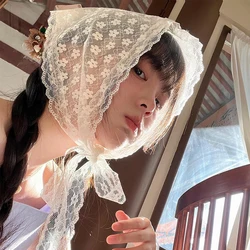 French Solid Color Lace Flower Headscarf Spring and Summer Travel Versatile Sweet Cute Pastoral Triangular Hair Scarf for Women
