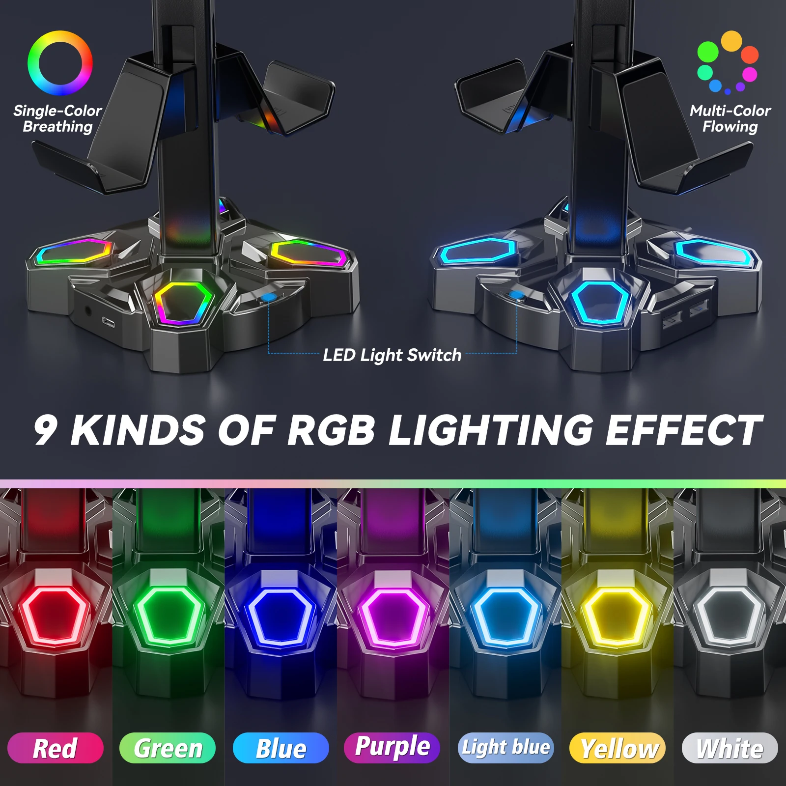 USB Hub Controller Holder Headphones Stand Rotatable Headset Stand with 9 Light Modes with 2 USB Charging Type-C Ports