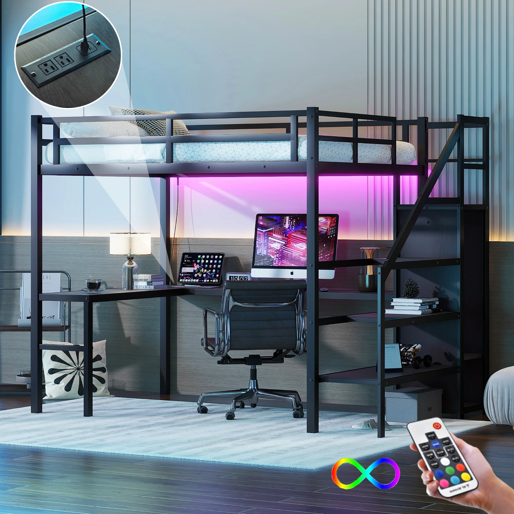 Full Loft Bed with L-Shaped Desk, USB Ports, Wardrobe, Adjustable Shelf, LED Lights, Black 93.50x57.50x69.13 in.