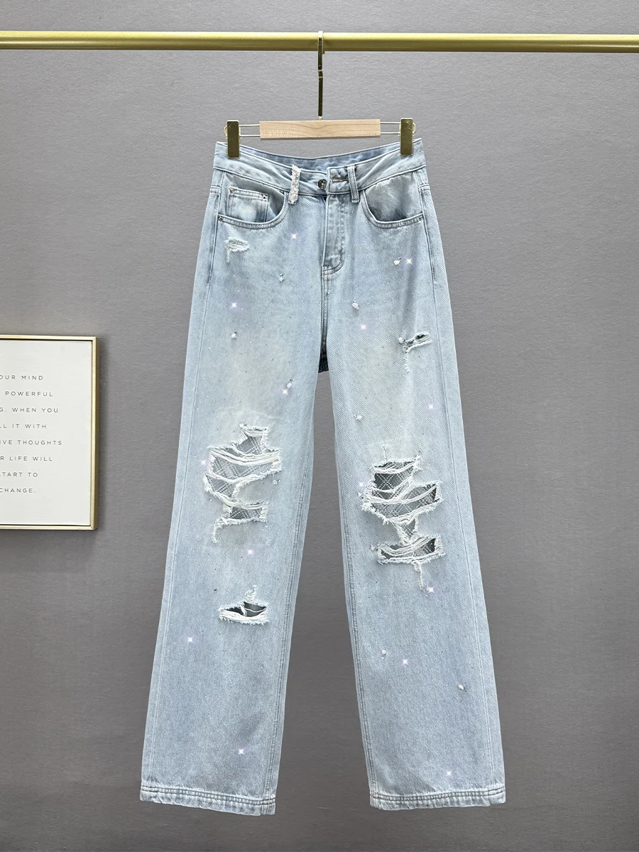 

High Waist Wide Leg Jeans Women's Extended Length Spring New Sle Slimming Loose Fit Diamond Embellied Floor-Length Pants