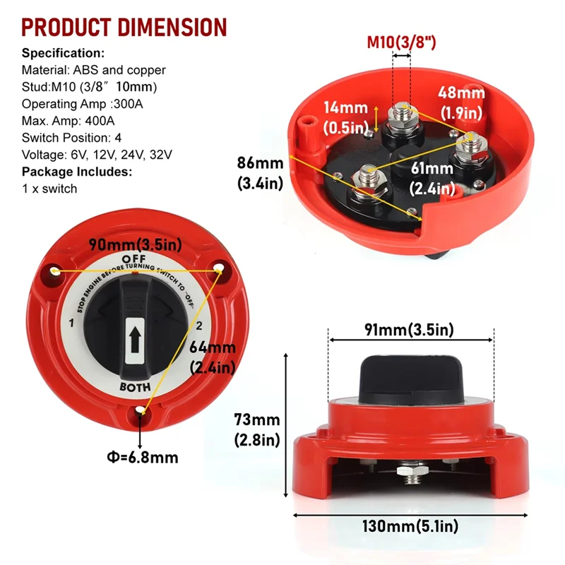 

Car Dual Battery Selector Switch 400A 6-32V 4 Position Power Cut Off Battery Isolator For Marine Boat RV Big Truck-A65M